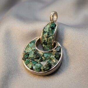 Malachite Chip Articulated Pendant Green Stone Mosaic Silver Tone 2"